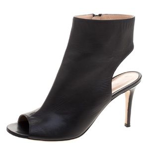 Black Leather Open Toe Cut Out Ankle Boots/Booties